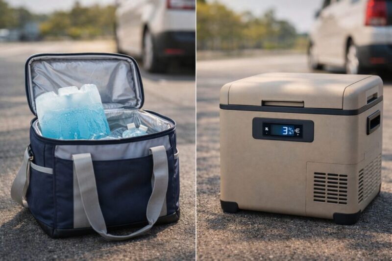真夏の車中泊で保冷バッグとポータブル冷蔵庫を比較するイメージ