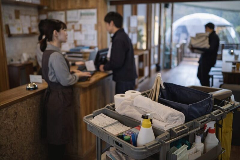 グランピング施設で忙しい朝の業務を表したイメージ