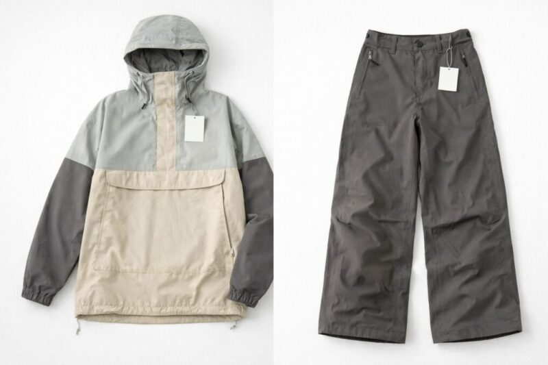 くすみカラーのアノラックとワイドパンツを並べて雰囲気を比較するイメージ