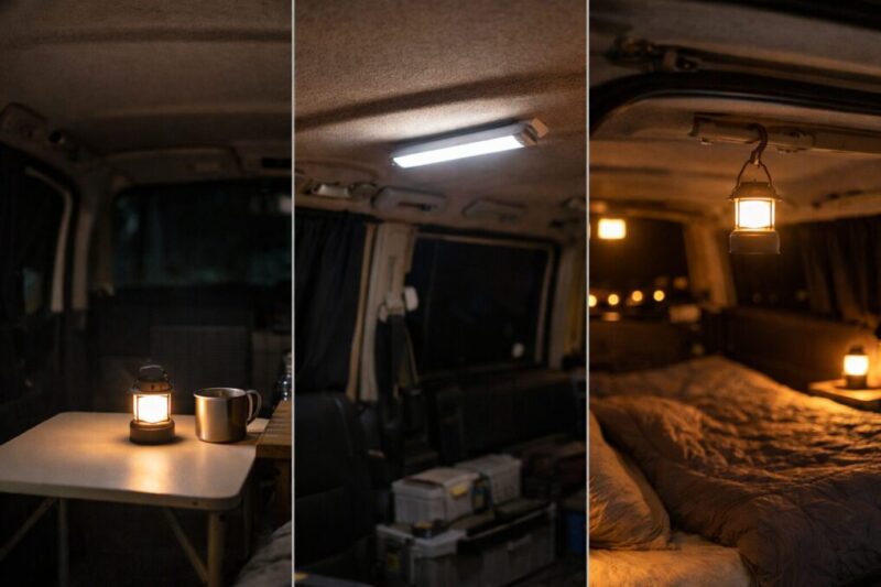 車中泊ライトの置く貼る吊るす設置方法の違いがわかる比較写真