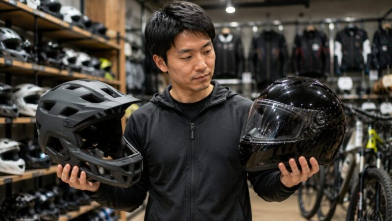 自転車用とオートバイ用のフルフェイスヘルメットを持ち比べる男性