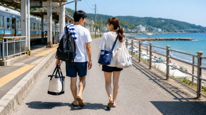 海沿いの駅から軽量なバッグを持って海水浴場へ歩く男女