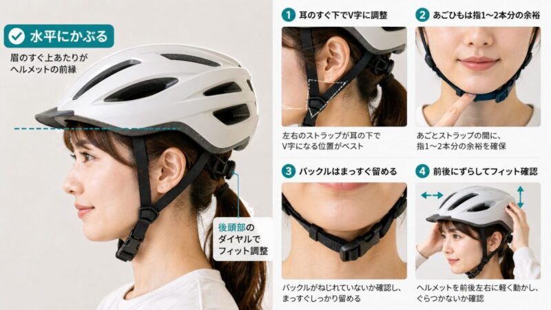 自転車用ヘルメットを水平にかぶりあごひもを調整する女性