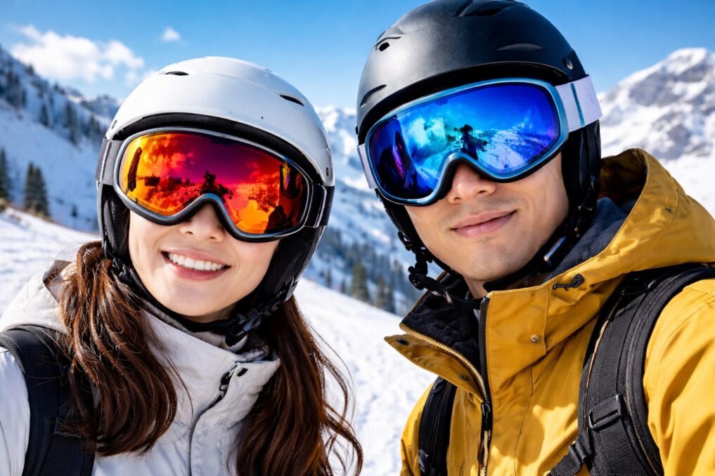 雪山でスキーゴーグルのレンズ色を選ぶイメージ写真