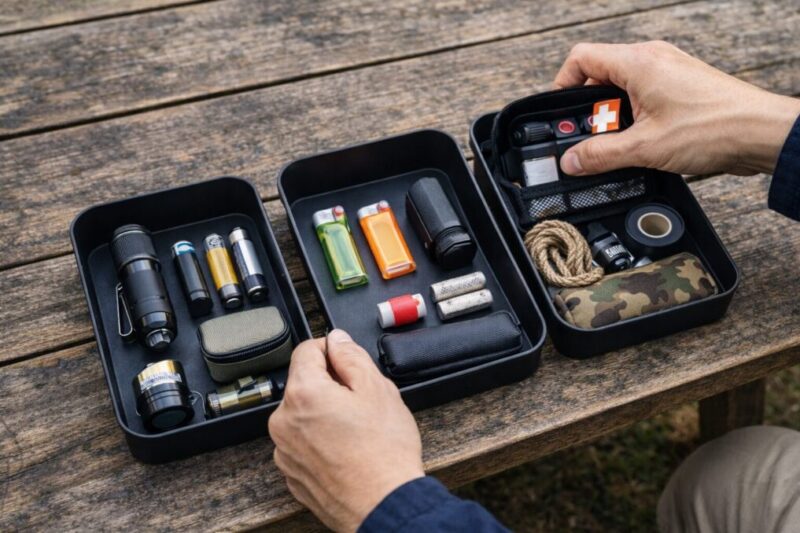 キャンプ小物を用途別に仕分けしてケース選びをする様子