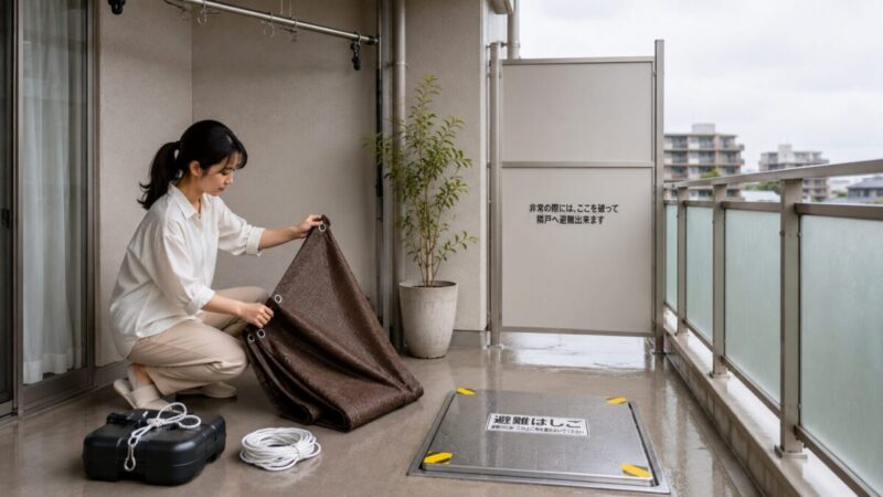 強風や雨に備えてベランダの日よけシェードを片付け避難経路を確保する様子