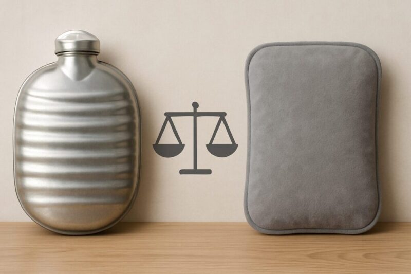 お湯式と充電式の湯たんぽを比較して選び方の分岐点を示すイメージ