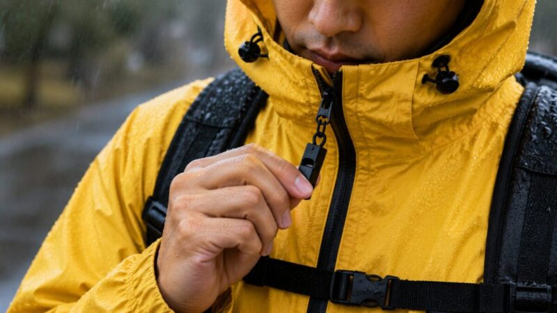 レインウェアのファスナー引き手に付いたホイッスルを確認する様子