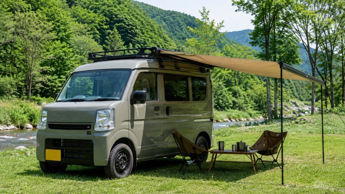 サイドオーニングを展開したエブリィで川沿いの車中泊キャンプを楽しむ様子
