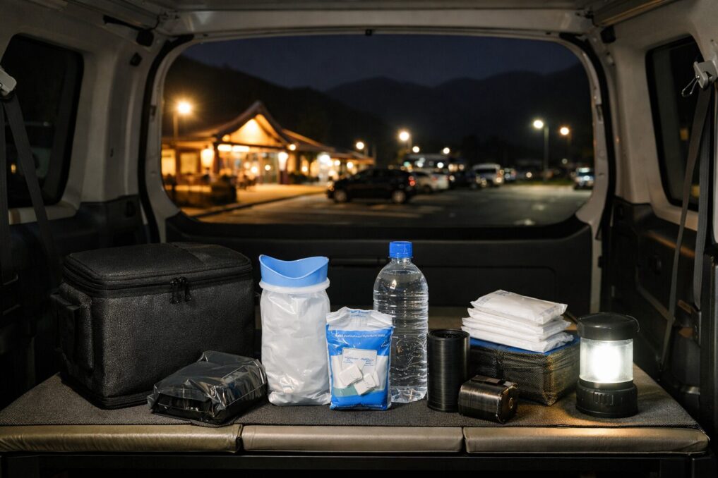 車中泊で使うトイレ備品を軽バン車内に整理して備えている様子