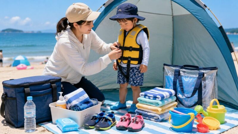 子連れ海水浴でライフジャケットを確認し予備の着替えを準備する保護者