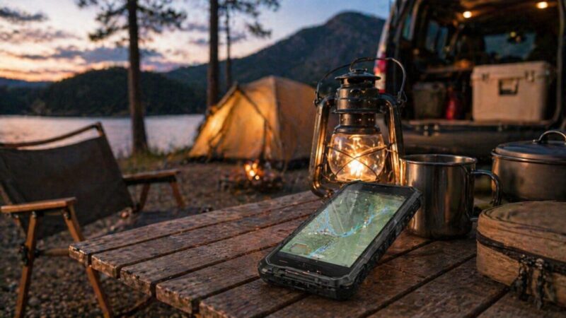 キャンプ場で地図確認に使うタフネススマホ風サブ機のイメージ