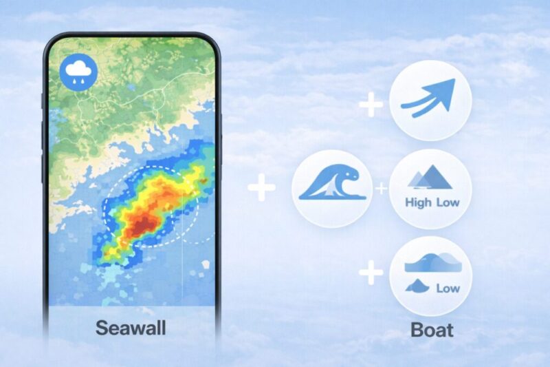 雨雲だけでなく風や波も必要だとわかる天気確認の図解