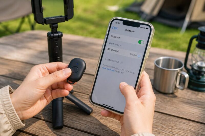 自撮り棒のシャッターリモコンをスマホに接続する手元