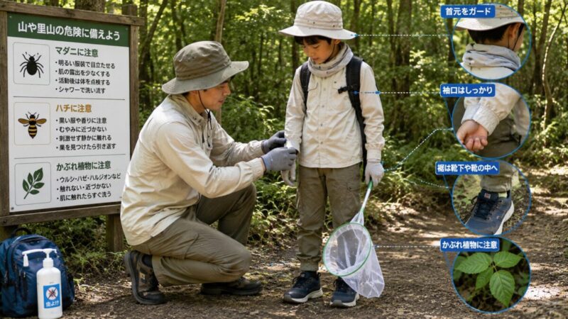 マダニ・ハチ・かぶれ植物に備えて山道へ入る前に服装と足元を確認する親子