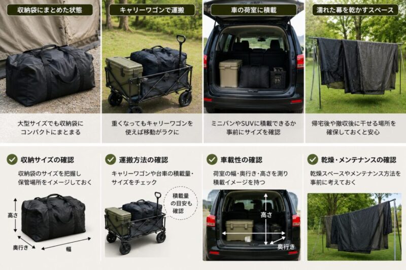 大型テントの収納袋やキャリーワゴン、車への積載、濡れた幕を乾かす様子を並べた比較イメージ