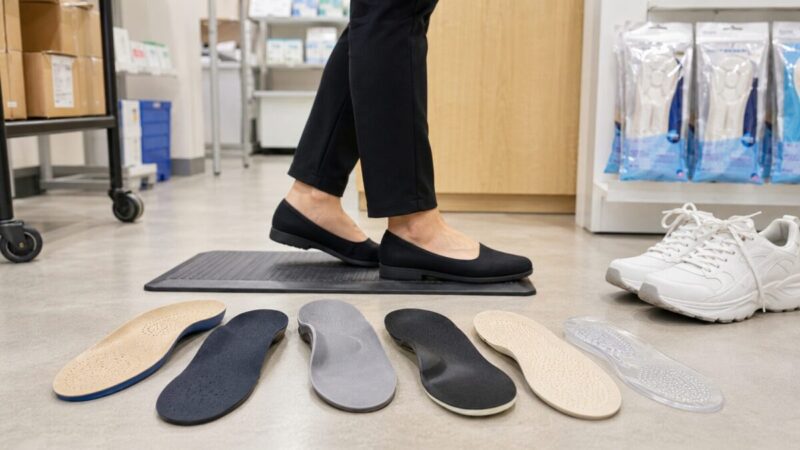 立ち仕事の足元と疲れ対策用インソールを比較するイメージ