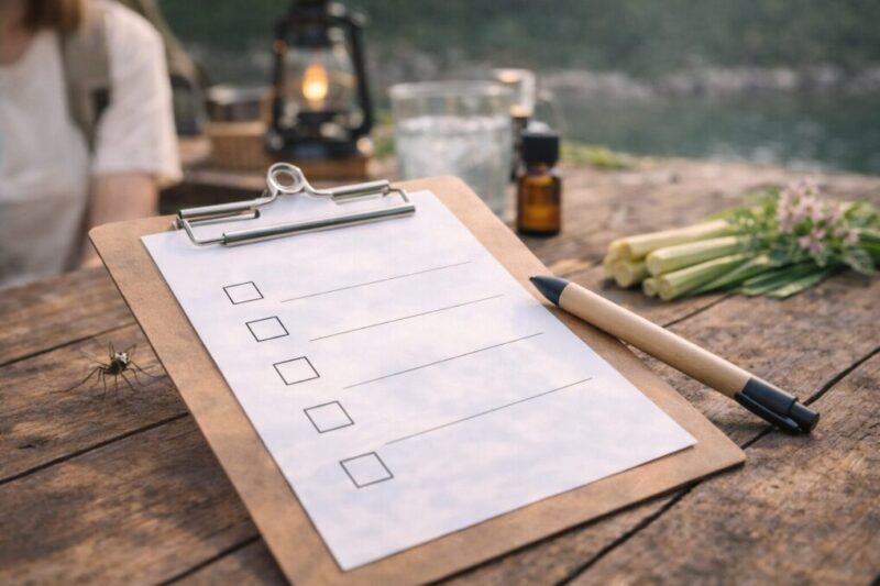 虫よけの原因を確認するチェックリストと道具がテーブルに置かれている様子