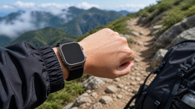 登山中にスマートウォッチで時間や通知を確認するイメージ