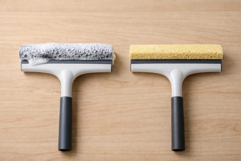 吸水スポンジ付きとゴムブレード付きのワイパーを並べて違いを比較している写真