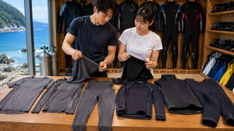 一般的な機能性インナーと水中用の起毛・ネオプレンインナーの素材や厚さを比較する男女