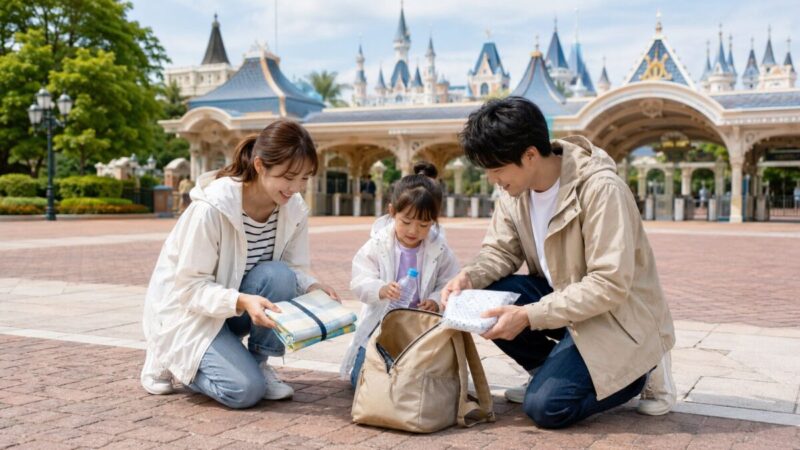 テーマパークの入園前に家族がレジャーシートや持ち物を確認している様子