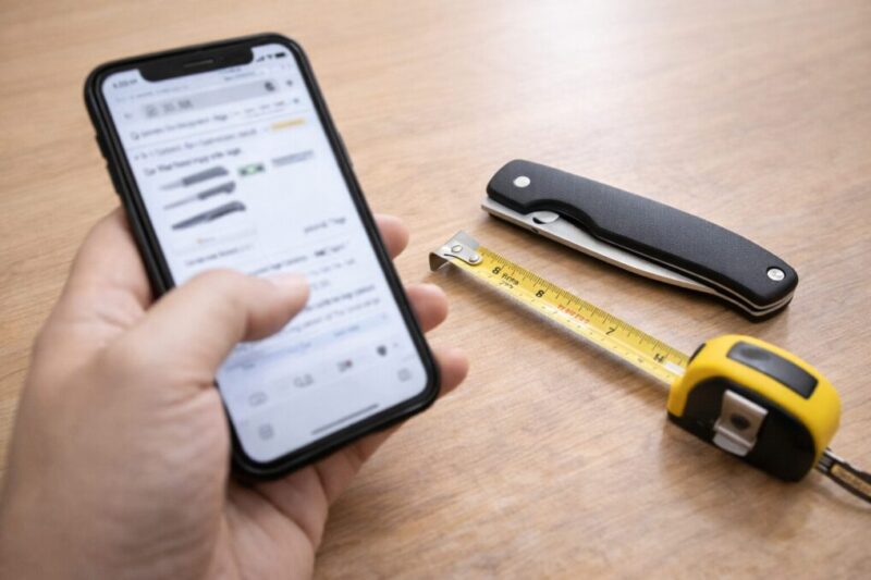 購入前にオンライン情報とサイズ感を照らし合わせ、店頭で迷わないよう準備しているイメージ