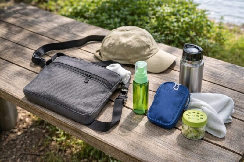 散歩や水辺の外遊びに持ち出しやすい虫よけグッズをベンチに並べたイメージ