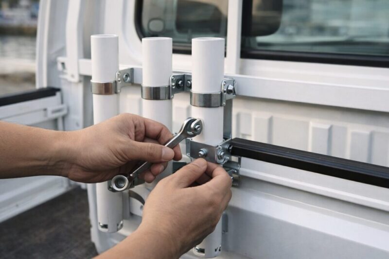 軽トラ荷台に自作ロッドホルダーを取り付けるDIYイメージ