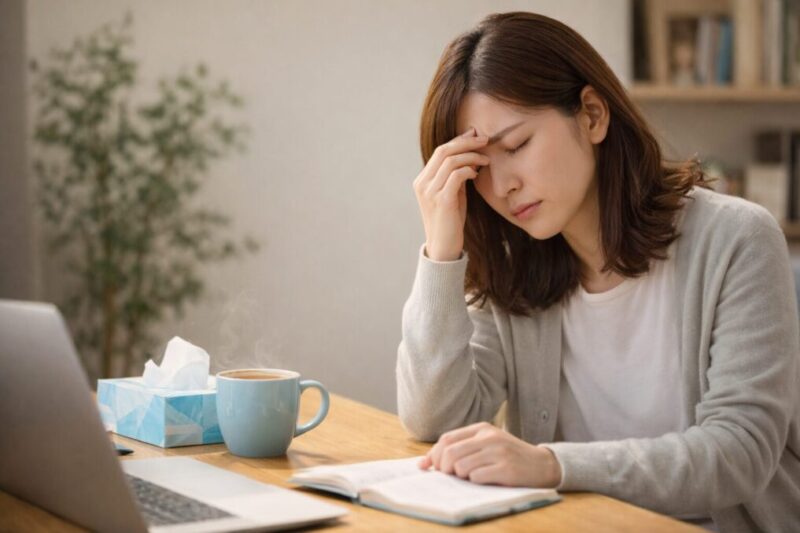 花粉症の症状で集中できず疲れている様子のイメージ