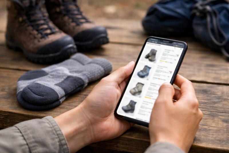 スマホで登山靴下を探している手元と、テーブル上の登山靴・靴下が写る写真