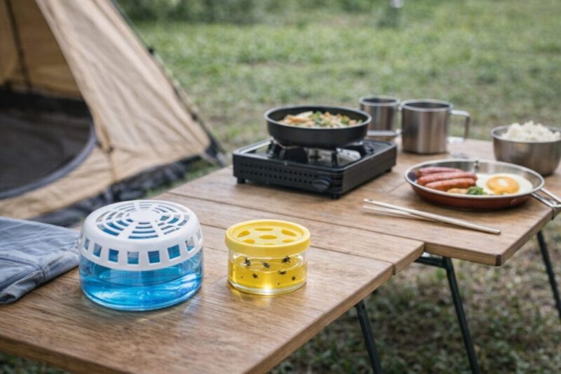 キャンプ飯まわりでハエ対策グッズを使う様子を表したイメージ