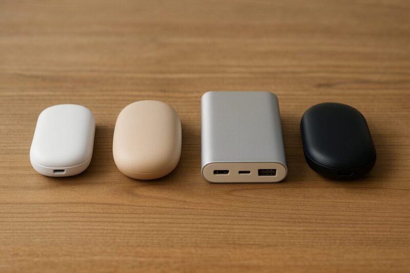 卓上に並べた充電式カイロとモバイルバッテリーを見比べて、特徴の違いを確認しているイメージ写真。