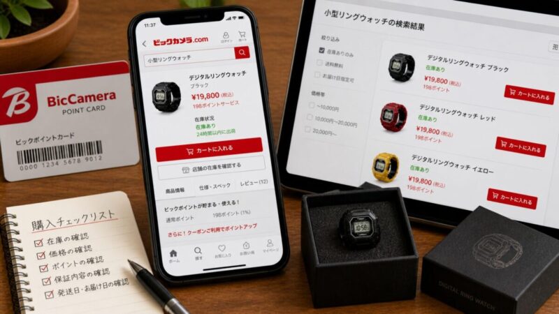 ポイント還元と在庫表示を確認しながら小型リング時計を探すイメージ