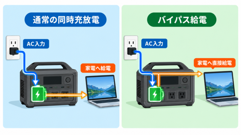 ポータブル電源のバッテリーを経由する給電と、バイパス給電の電力経路を比較したイラスト