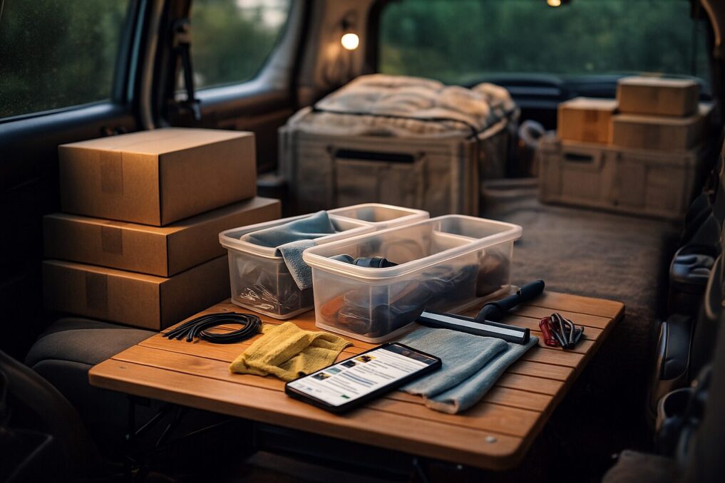 車中泊仕様に整えた車内のテーブルに収納ボックスと荷物を並べ、快適化の準備をしているイメージ。
