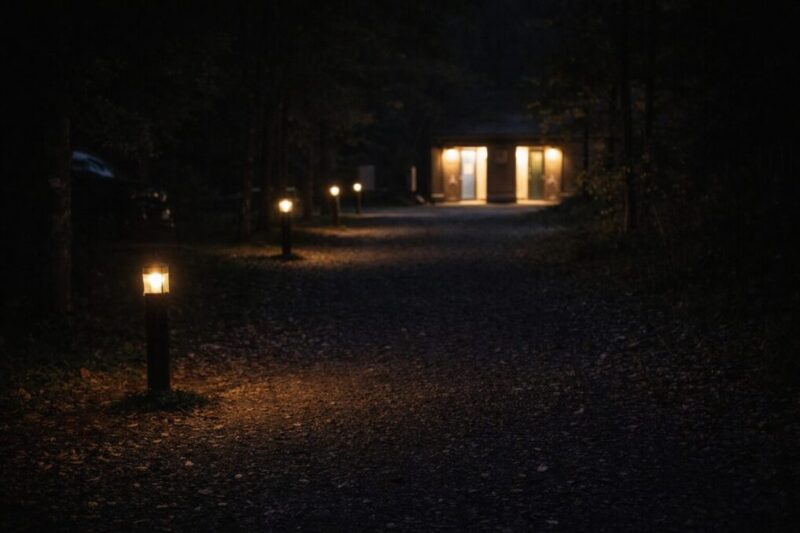 夜のキャンプ場の通路に小さな外灯が並び、トイレ方向まで見通せる様子