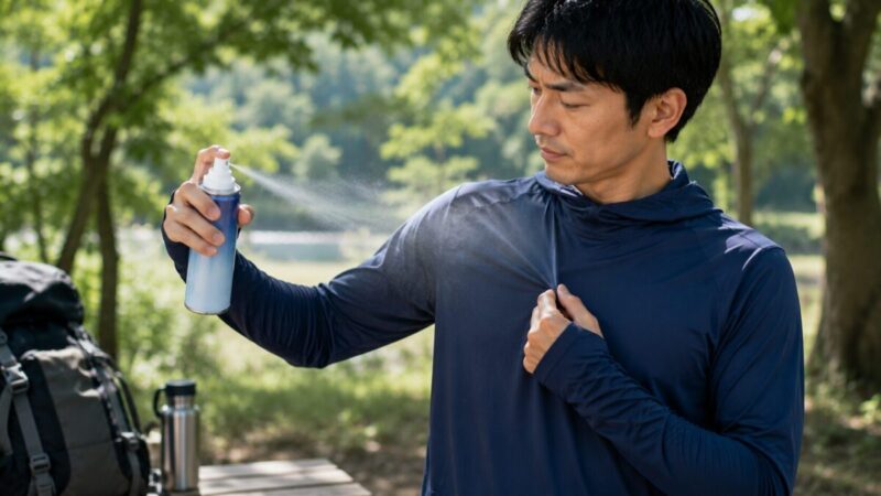 冷却スプレーを衣類から離して胸元へ広く噴射する男性