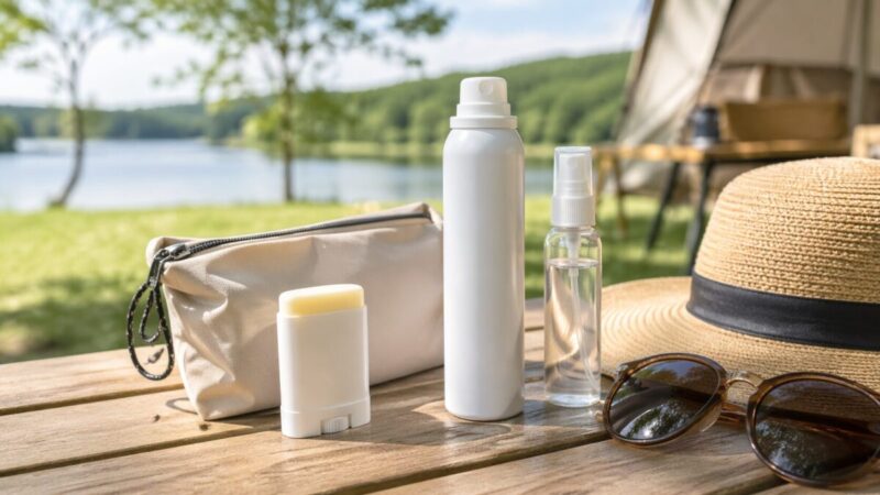 外出先で塗り直しやすいスプレータイプの日焼け止めを持ち歩くイメージ