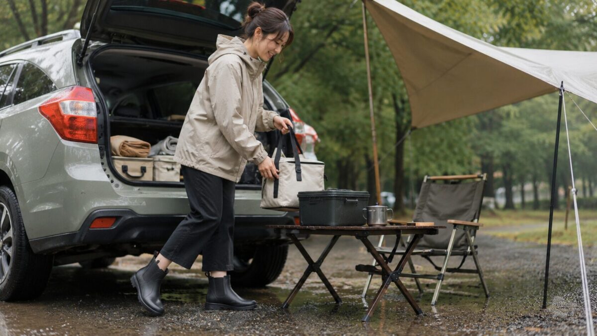 雨上がりのキャンプ場で、黒いショートレインブーツを履いた女性が車からアウトドア用品を運び出す様子。