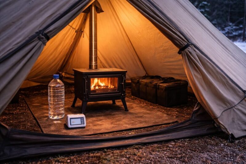 テント近くで使う際の安全装備を揃えたイメージ