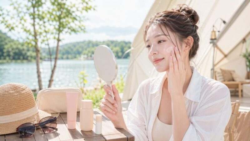 湖畔のテント前で、鏡を見ながら下地兼用の日焼け止めを顔になじませるイメージ