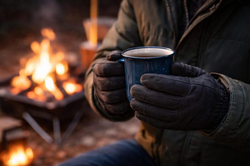 焚き火の前で防寒手袋を着けた手がマグカップを包み込む冬のアウトドアイメージ