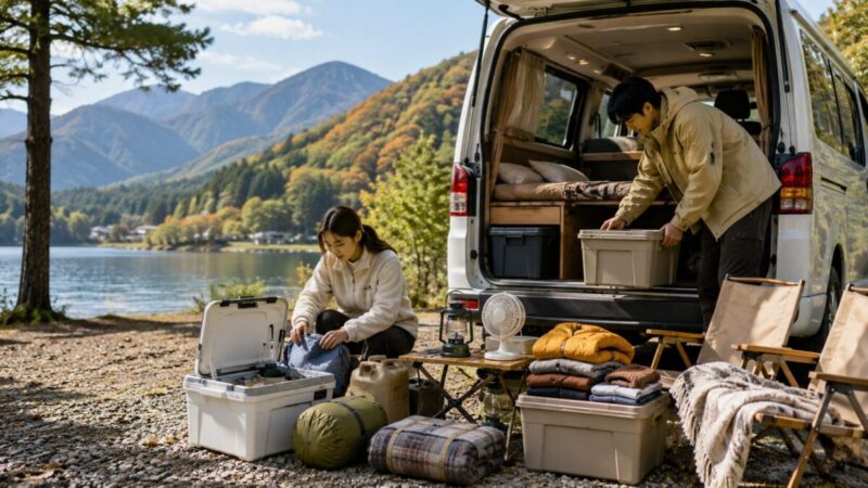 湖畔のキャンピングカーの横で夫婦が季節に合わせた寝具や車中泊用品を準備している様子