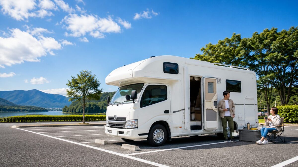 6mクラスのキャンピングカーを広い駐車場に停めて、保管場所や駐車スペースを確認している様子