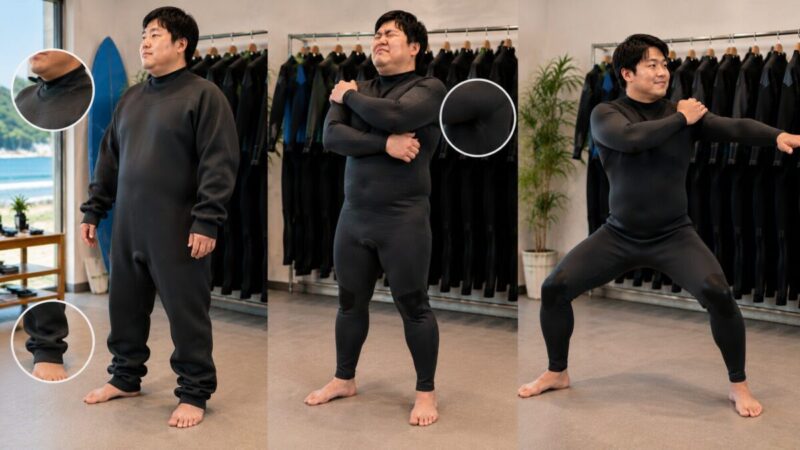 大きすぎる、小さすぎる、身体に合うウェットスーツのフィット感を比較する男性