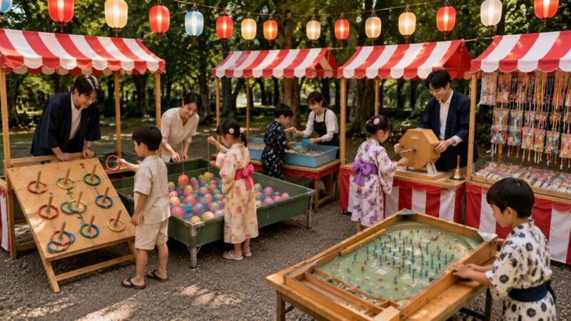 輪投げやヨーヨー釣りなど昔ながらの縁日遊びを楽しむ親子