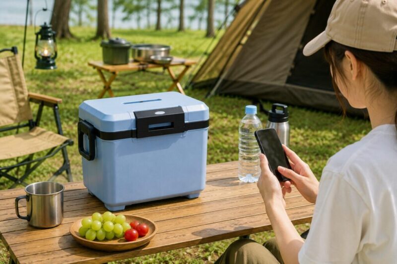 キャンプ場でクーラーボックスを前にスマートフォンを見ながら、使いやすさやサイズ感を確認している様子。