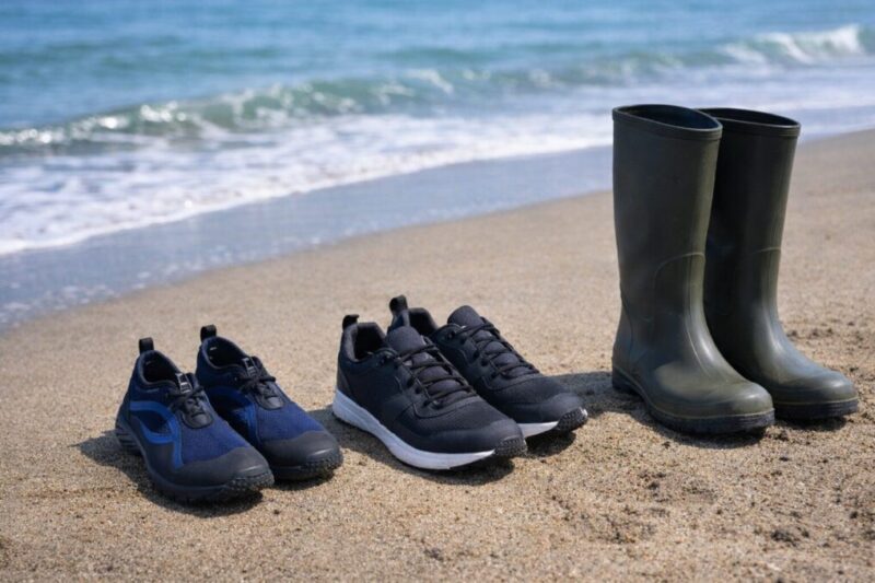 夏のサーフ釣り向け足元装備として並べたマリンシューズと防水スニーカーと長靴