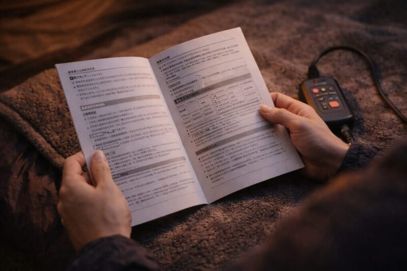 電気毛布の注意点を説明書で確認している手元